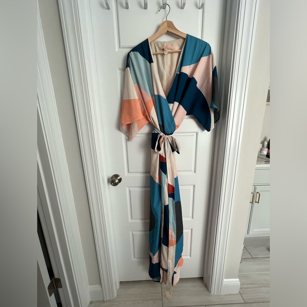 Hutch Multicolor Abstract Flutter Sleeve Wrap Maxi Dress 1X